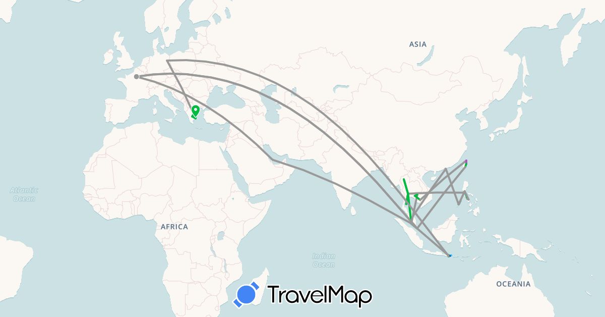 TravelMap itinerary: driving, bus, plane, cycling, train, boat in Germany, France, Greece, Hong Kong, Indonesia, Cambodia, Malaysia, Philippines, Qatar, Singapore, Thailand, Taiwan (Asia, Europe)